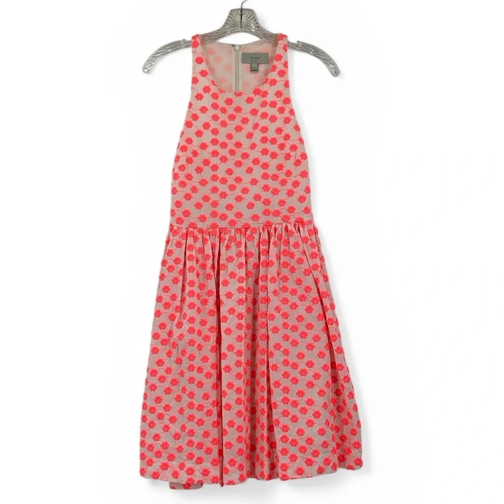 J Crew Neon Pink Floral Embroidered Halter Dress SZ 4